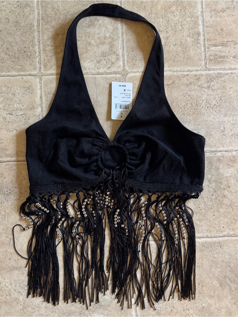 Windsor black beaded fringe faux suede halter top size small bohemian nwt